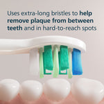 Macro side view of Philips Sonicare brush head bristles positioned above model teeth with explanatory text