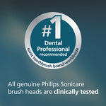 Badge graphic stating ‘#1 Dental Professional recommended’ with supporting text that genuine Philips Sonicare brush heads are clinically tested.