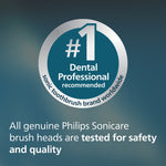 Circular badge reading “#1 Dental Professional recommended” with text below about Philips Sonicare brush heads tested for safety and quality