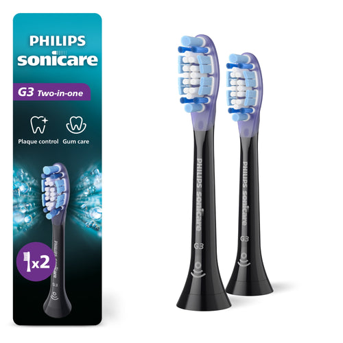 Two black Philips Sonicare G3 replacement brush heads shown beside branded packaging strip