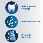 Feature graphic listing safe & gentle settings, Musical KidPacer, and a 2-minute KidTimer with simple icon circles.