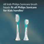 Two Philips Sonicare kids replacement brush heads standing upright with text stating compatibility with all Philips Sonicare for Kids handles