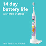Philips Sonicare kids toothbrush standing on a USB charging base with battery life text