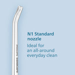 Single clear Philips Sonicare N1 standard flosser nozzle shown vertically against a light blue background with descriptive text.