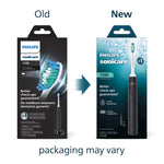 Comparison graphic showing old vs new Philips Sonicare 1100 packaging artwork with arrow and "packaging may vary" text.