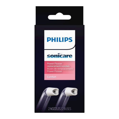 Front-facing Philips Sonicare Power Flosser replacement nozzle packaging showing two comfort nozzles.