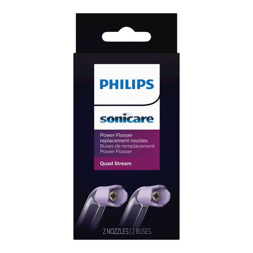 Retail packaging for Philips Sonicare Power Flosser Quad Stream replacement nozzles with product image