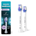 Two Philips Sonicare S2 replacement toothbrush heads shown next to product packaging with extra soft callout