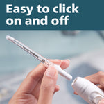 Hand holding a Philips Sonicare flosser tip demonstrating how it clicks on and off the flosser handle.
