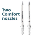 Two Philips Sonicare F2 comfort nozzles shown upright on white background with text ‘Two Comfort nozzles’.