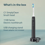 Product contents graphic showing a Philips Sonicare 1100 black toothbrush on its USB charging stand with list of what's in the box.