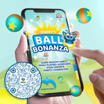Hand holding a phone showing Sparky's Ball Bonanza game artwork and a scannable QR code for the Firefly app
