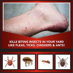 Close-up photo of a bitten ankle with red insect bites above a banner claiming it kills biting insects in your yard.