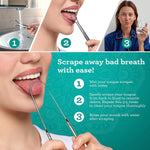 Step-by-step photographic panel showing wetting, scraping demonstration on a tongue, and a person rinsing, plus written scraping instructions.