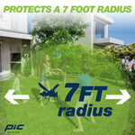 Outdoor lifestyle scene overlaid with a green 7 ft radius graphic, mosquito icon and text about protection radius