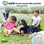 Children playing on grass with two dogs and a small inset image of a lit marble-patterned PIC candle in the corner