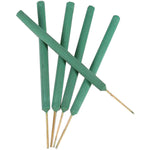 Five green mosquito-repellent sticks with wooden skewers fanned on a white background