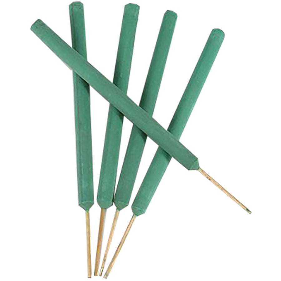Five green mosquito-repellent sticks with wooden skewers fanned on a white background