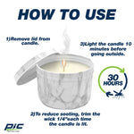 Instructional graphic showing a marble-patterned PIC candle with text steps on removing lid, trimming wick and lighting