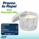 Open marble-patterned PIC candle with lit wick beside an active ingredients panel and "Proven to Repel" headline