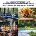 Four lifestyle photos (porch, tent, outdoor dining, poolside) under a headline about mosquito protection in outdoor spaces
