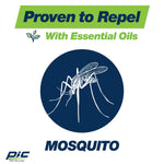 Graphic badge with a stylized mosquito, text proclaiming "Proven to Repel With Essential Oils" and PIC logo