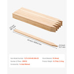 Pile of pointed flat wooden stakes with one stake shown separately and labeled dimensions and product specification panel below.