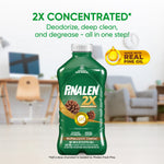 Pinalen 2X concentrated fresh pine bottle centered with tagline '2X CONCENTRATED' and icon noting real pine oil over a blurred living room background.