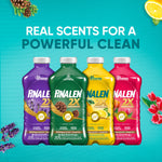 Row of four Pinalen 2X cleaner bottles in different scents against teal background with headline 'Real scents for a powerful clean'