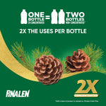 Green promotional graphic with pine cones and pine needles, text explaining 'One bottle = Two bottles' and '2X the uses per bottle' highlighting concentrated formula.