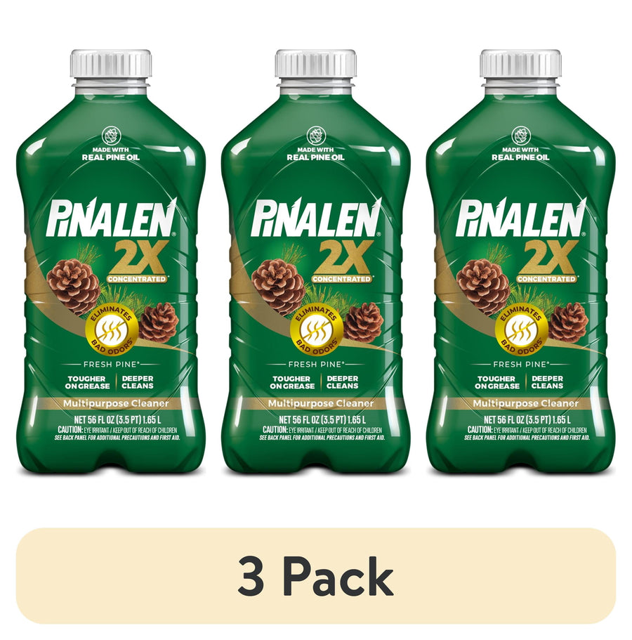 Three green Pinalen 2X concentrated fresh pine multipurpose cleaner bottles shown side-by-side on white background.