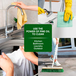 Four-panel lifestyle collage showing cleaning uses - wiping faucet, shower head, laundering and outdoor sweeping - with central green box stating use the power of pine oil to clean.