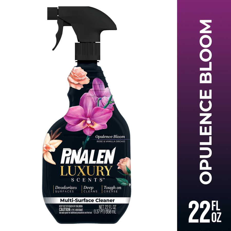 Black spray bottle of Pinalen Luxury Scents Opulence Bloom multi-surface cleaner with purple orchid artwork