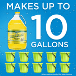 Blue promotional graphic showing a Pine Breeze one-gallon bottle above text claiming it makes up to 10 gallons with rows of green buckets