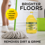 Lifestyle marketing image showing a mop and bucket with a Pine Breeze one-gallon cleaner and text promoting brighter floors