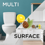 Split-scene graphic showing a toilet and kitchen with lemon and pine cone artwork and the word 'surface'