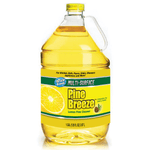 Clear one-gallon jug of yellow Pine Breeze cleaner with a yellow label displaying a lemon slice and pine cone