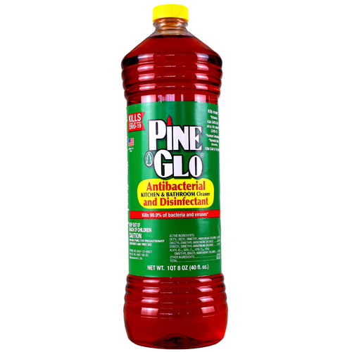 Tall red Pine Glo antibacterial cleaner bottle with green label and yellow cap on white background