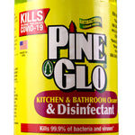 Close-up of Pine Glo front label showing large brand logo, antibacterial lemon fresh and disinfectant text