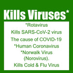 Green informational graphic stating 'Kills Viruses' with a list naming SARS-CoV-2, rotavirus, norwalk and cold & flu