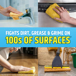 Lifestyle and product-use collage showing hands cleaning faucets, appliances and floors with text about fighting dirt and grease