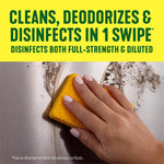 Marketing panel with bold yellow headline and a hand wiping a stainless surface with a yellow sponge