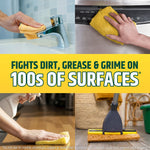 Collage of four photos showing cleaning hands and mop with central text FIGHTS DIRT, GREASE & GRIME ON 100s OF SURFACES