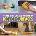 Collage-style image showing hands cleaning various surfaces and text 'FIGHTS DIRT, GREASE & GRIME ON 100s OF SURFACES'