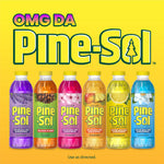 Row of six Pine-Sol bottles in different fragrances on yellow background beneath large Pine-Sol logo
