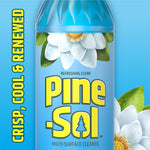 Cropped close-up of Pine-Sol bottle label highlighting the flower artwork and large Pine-Sol logo on blue background