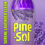 Close-up detail of a Pine-Sol Lavender Clean bottle label with lavender sprigs and 'serene lavender clean' text