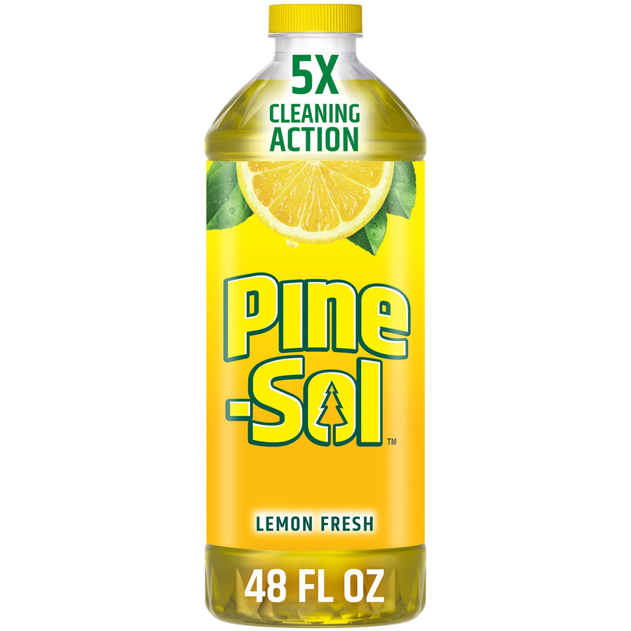 Tall bottle of Pine-Sol Lemon Fresh multi-surface cleaner with lemon graphic and 48 FL OZ label