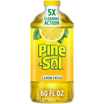 Close-up front view of a Pine-Sol Lemon Fresh bottle showing label, lemon graphic and '60 FL OZ' text