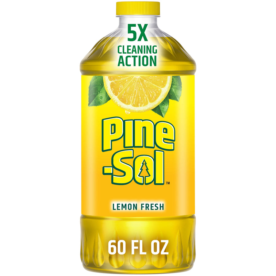 Close-up front view of a Pine-Sol Lemon Fresh bottle showing label, lemon graphic and '60 FL OZ' text